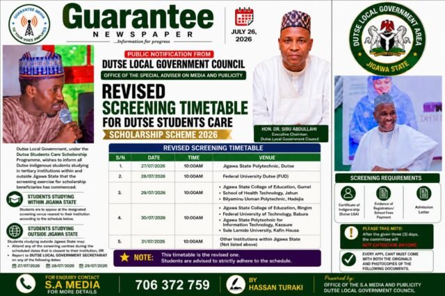 PUBLIC NOTIFICATION FROM DUTSE LOCAL GOV’T COUNCIL.