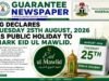 MAULUD: FG DECLARES TUESDAY 25TH AUGUST, 2026 AS PUBLIC HOLIDAY